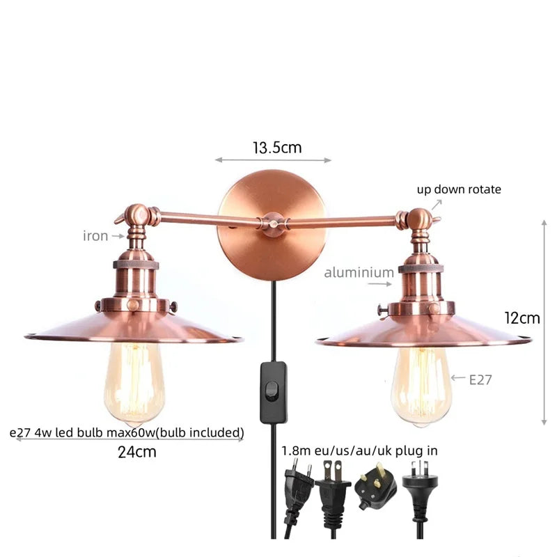 Afralia™ Dual Head LED Wall Light Pink Industrial Bedside Lamp