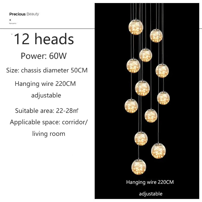 Afralia™ LED Glass Ball Chandelier for Duplex Villa Living Room