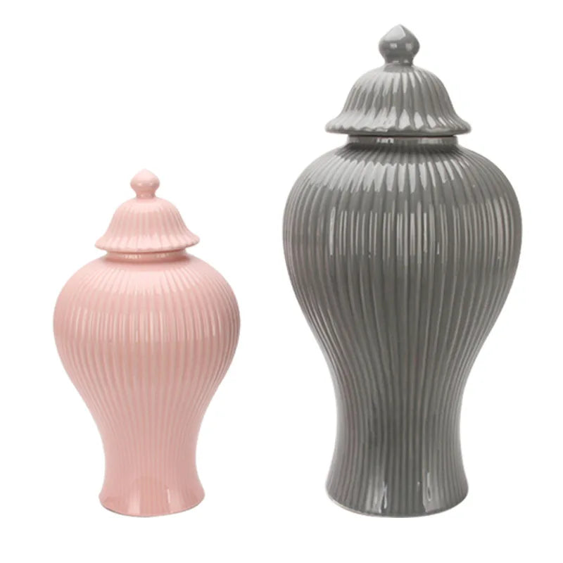 Afralia™ Striped Porcelain Ginger Jar with Lid - Ceramic Home Decor Ornament