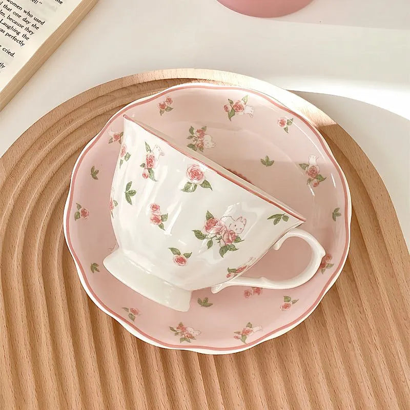 Afralia™ Pink Rose & Rabbit Ceramic Coffee Cup Set - 250ml