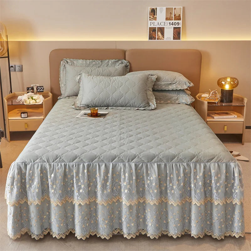 Afralia™ Cotton Lace Ruffles Quilted Bed Skirt Set with Pillowcases