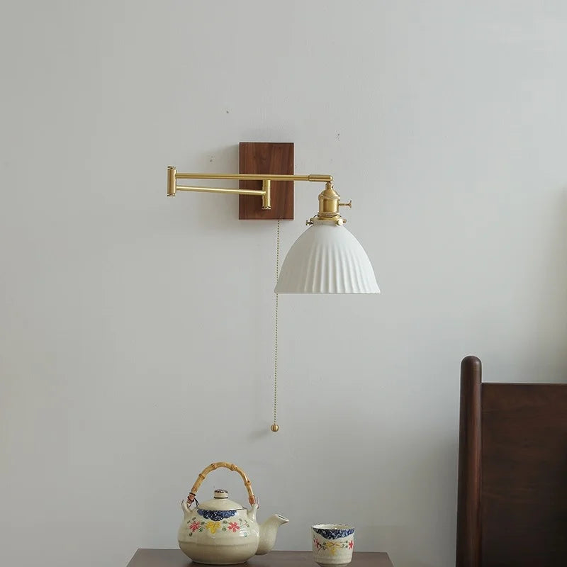 Afralia™ Ceramic Walnut LED Wall Lights for Modern Bedroom Living Room, Pull Chain Switch