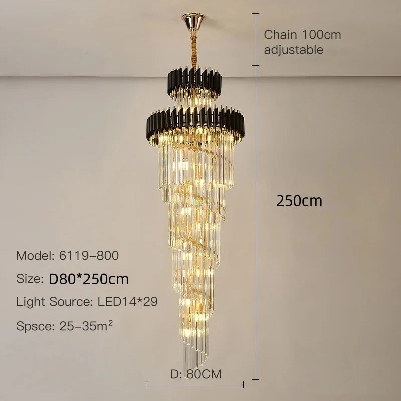 Afralia™ Modern Crystal Chandelier Black/Gold Light Fixture for Luxury Living Room, Villa, Staircase