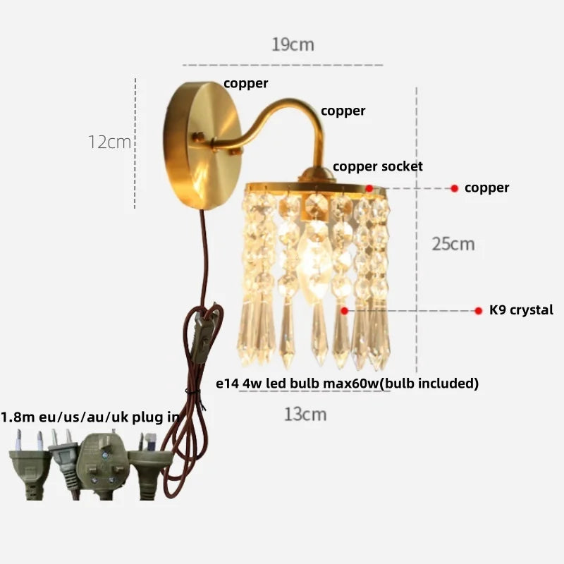 Afralia™ Nordic LED Wall Light with Pull Chain Switch, Crystal Glass Bedside Lamp