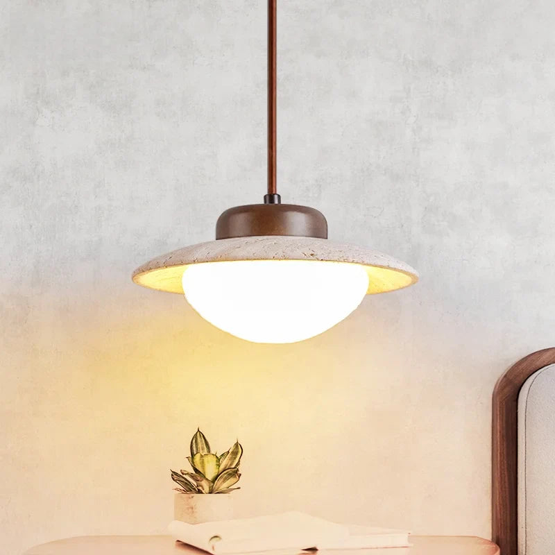Afralia™ Wabi Sabi LED Pendant Lights, Yellow Travertine Vintage Hanging Lamp for Bedroom and Dining Room