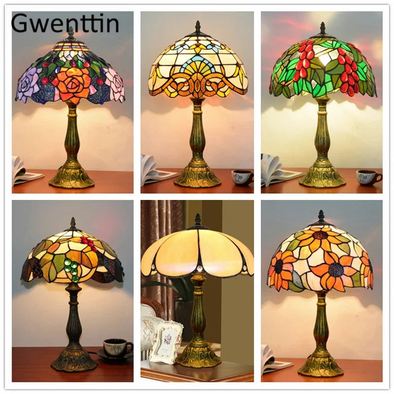 Afralia™ Tiffany Style Stained Glass Led Table Lamp