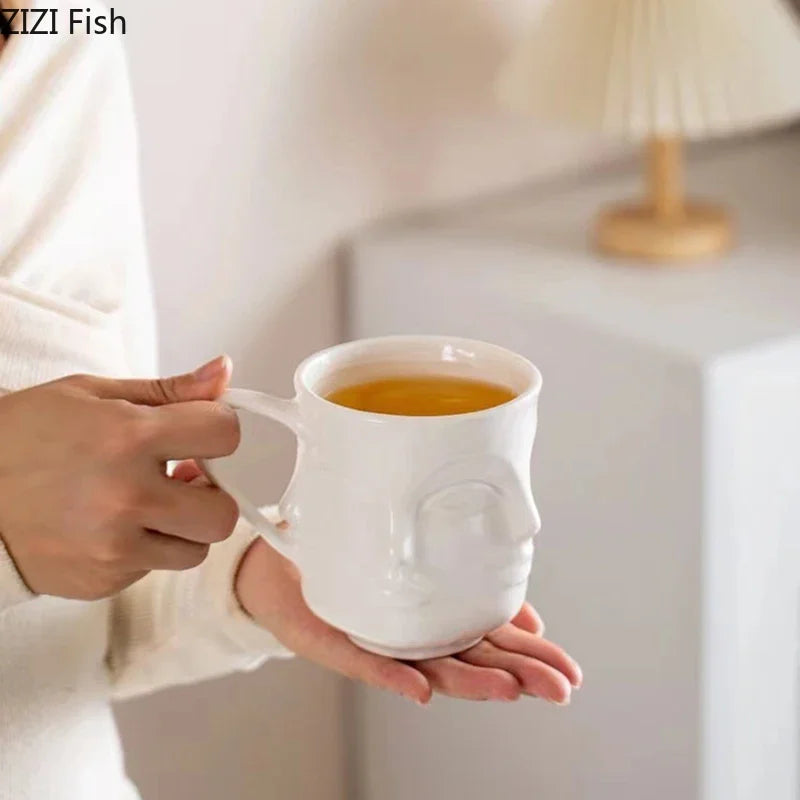 Afralia™ Abstract Face Ceramic Coffee Mug Dining Table Teacup Juice Container