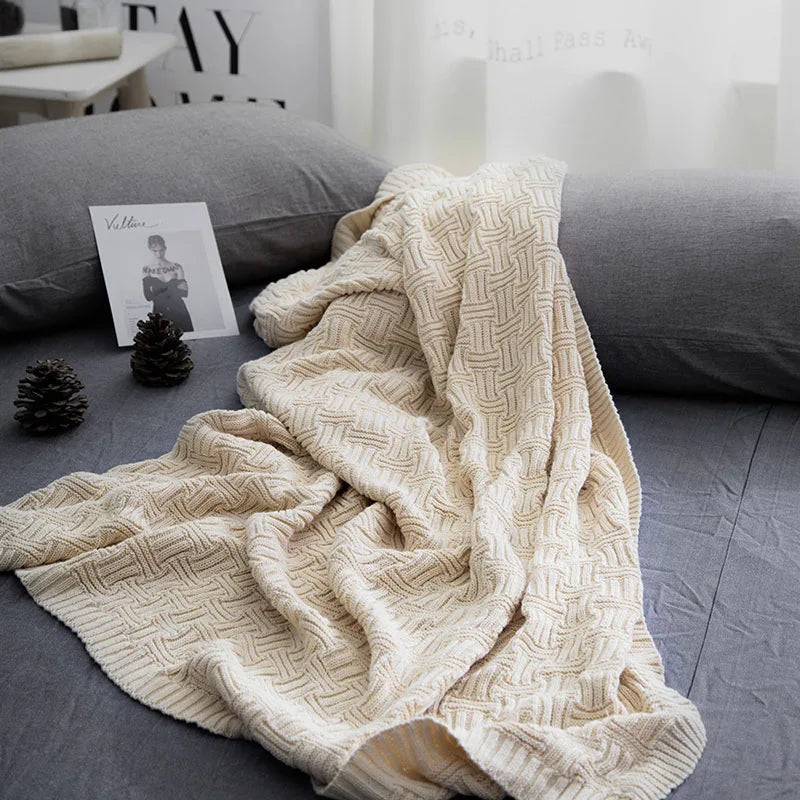 Afralia™ Cozy Jacquard Blanket: 100% Cotton Solid Color Knitted Shawl for Office or Home