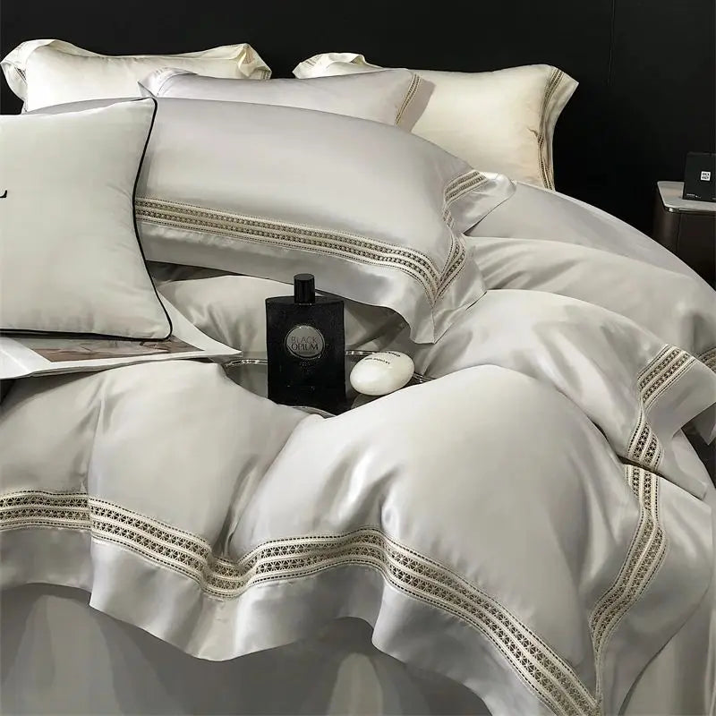 Afralia™ Luxury Lace Edge Bedding Set: Duvet Cover, Bed Sheet, Fitted Sheet, Pillowcases