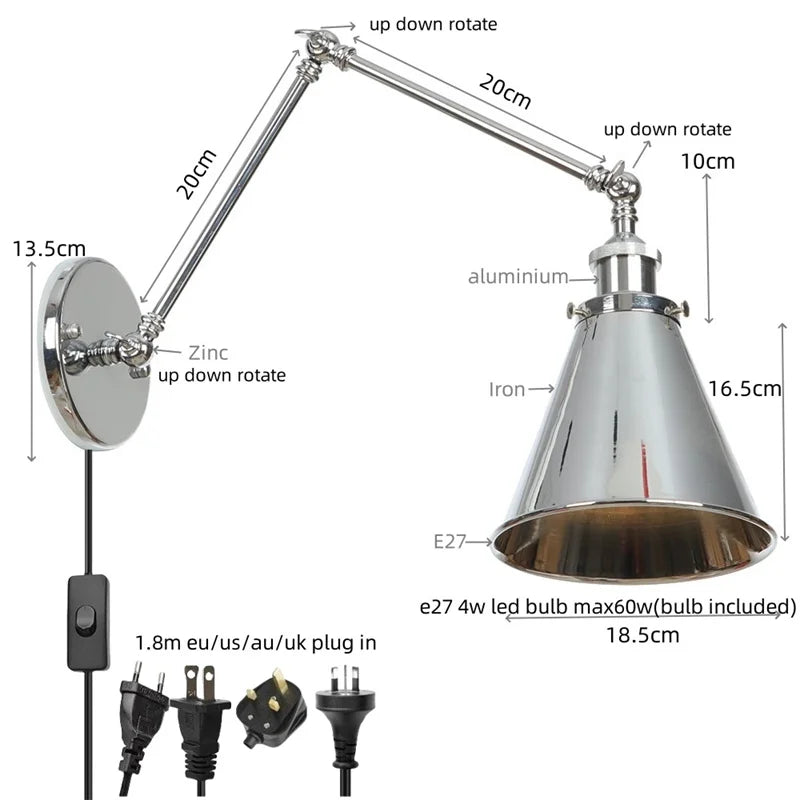 Afralia™ Silver Iron LED Swing Arm Wall Lights, Industrial Style, Plug-In, Stair & Bedside Lamp