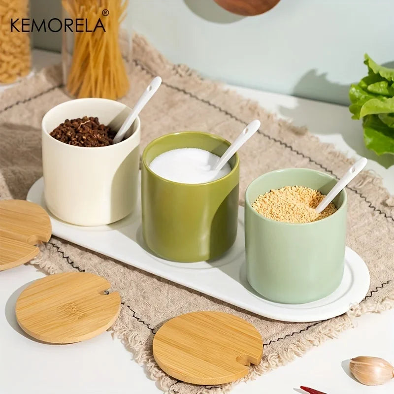 Afralia™ Japanese Retro Ceramic Seasoning Jar Set with Tray - 3-Piece Kitchen Organizer