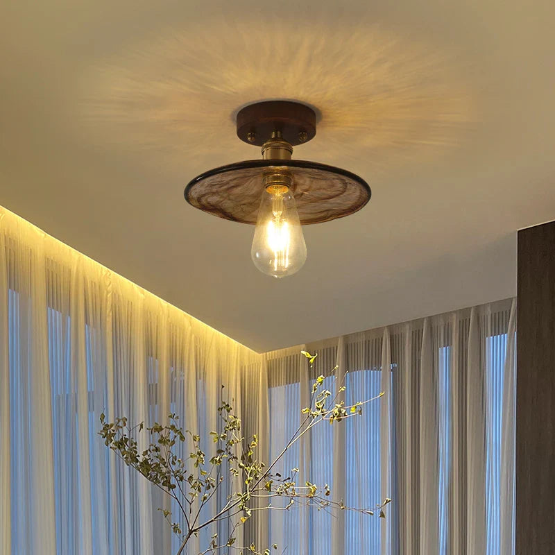 Afralia™ Nordic LED Ceiling Light Amber Glass Wood Brass Flush Mount Lamp