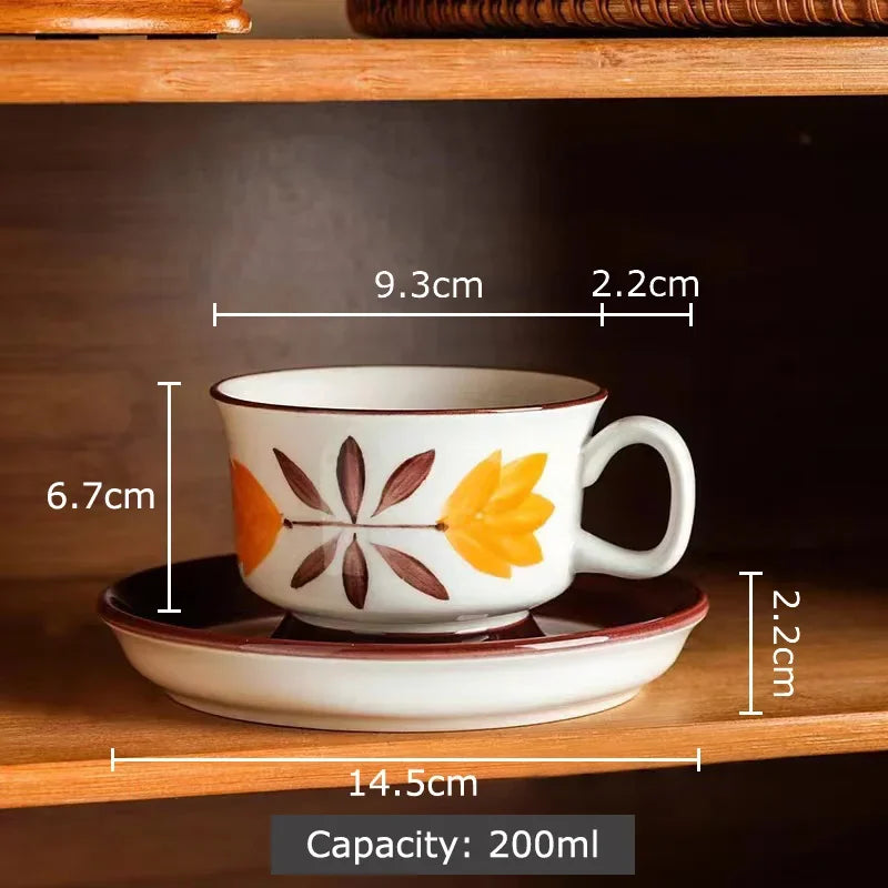 Afralia™ Ink Flowers Ceramic Cup & Saucer Set - Gold-plated Coffee Mug for Dining Table