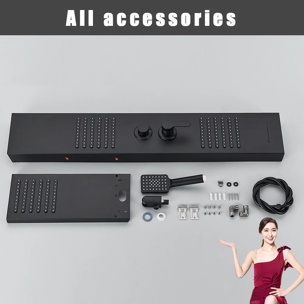 Afralia™ Black LED Shower Column with Massage Jets and Waterfall Mixer Tap