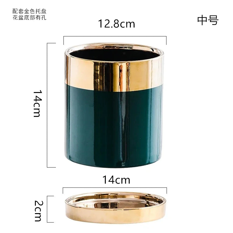 Afralia™ Luxury Emerald Ceramic Flowerpot with Gilded Border for Home and Office Decor