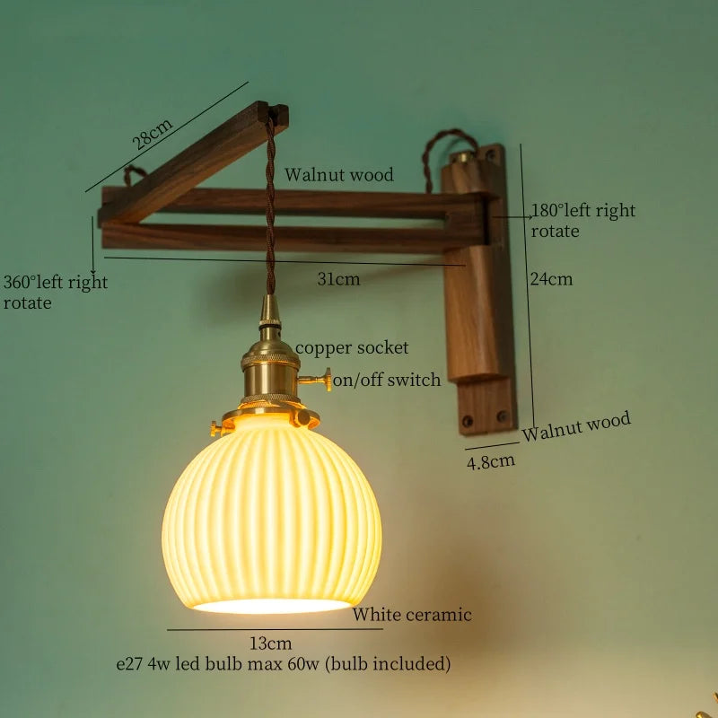 Afralia™ Ceramic LED Wall Sconce Walnut Wood Copper Pull Chain Switch Light