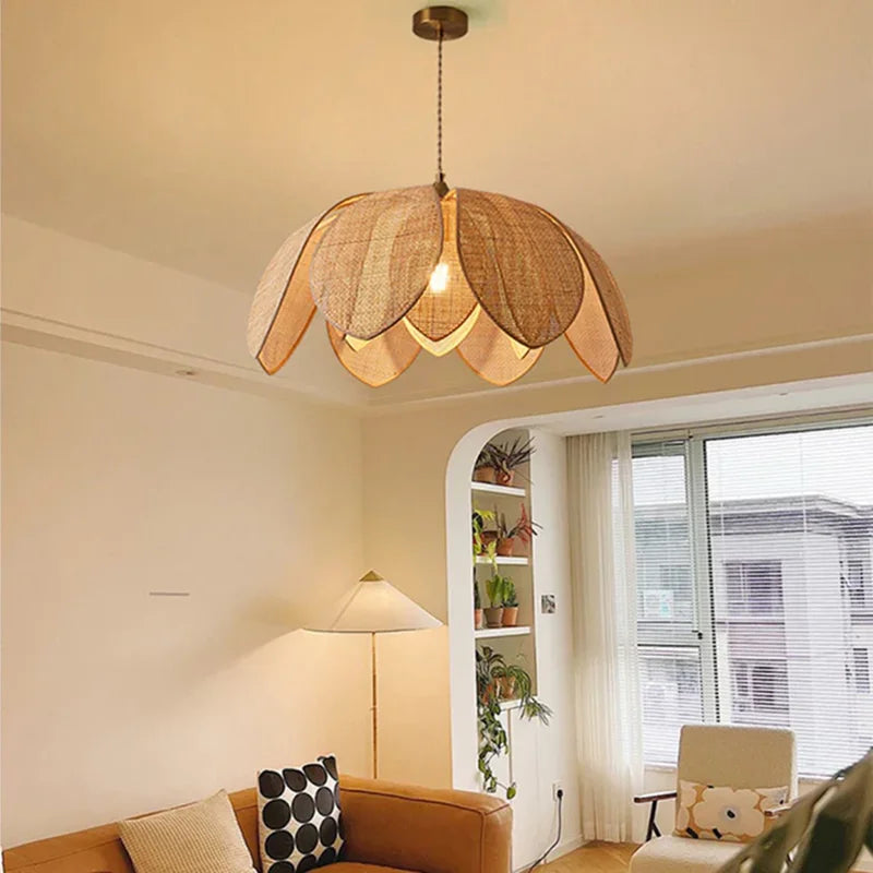 Afralia™ Handmade Rattan Petal Pendant Light with Chinese Style Design for Living & Dining Rooms