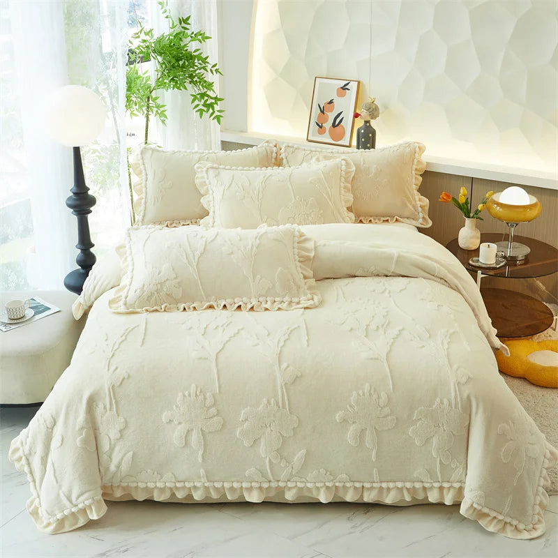 Velvet Ruffles Luxury Bedding Set by Afralia™: 3D Carved Plush Duvet Cover, Bed Sheet, Pillowcase