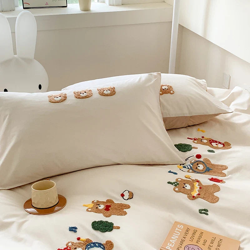 Afralia™ Cute Bear Embroidery Bedding Set with Duvet Cover, Sheet and Pillowcases