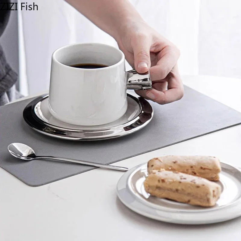 Afralia™ Silver Ceramic Mug Cup & Saucer Set for Dining Table and Coffee - minimalist design