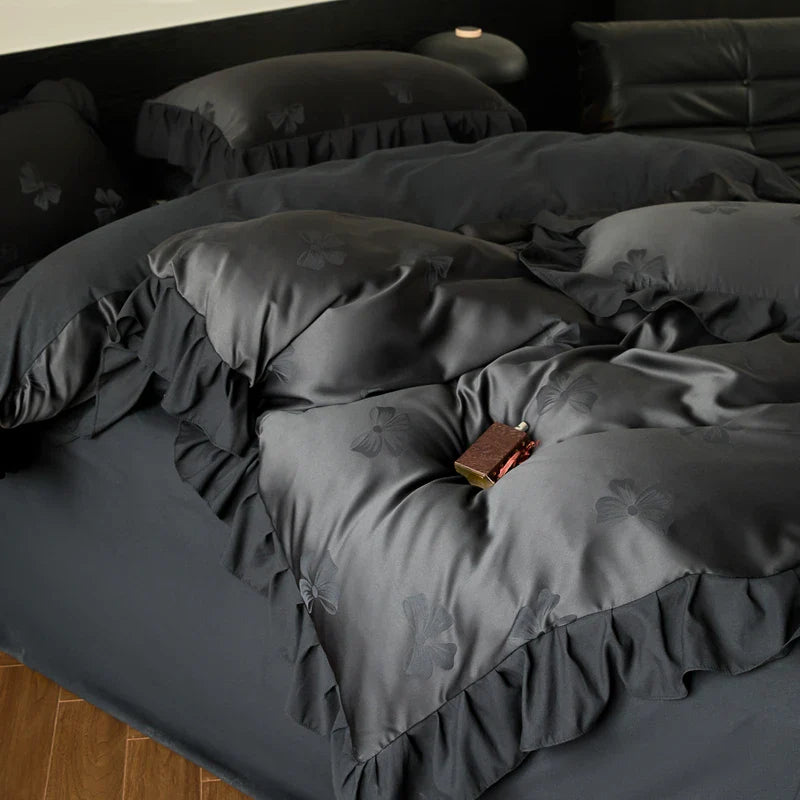 Afralia™ Princess Ruffles Bow Jacquard Cotton Bedding Set with Duvet Cover, Sheet, Pillowcases