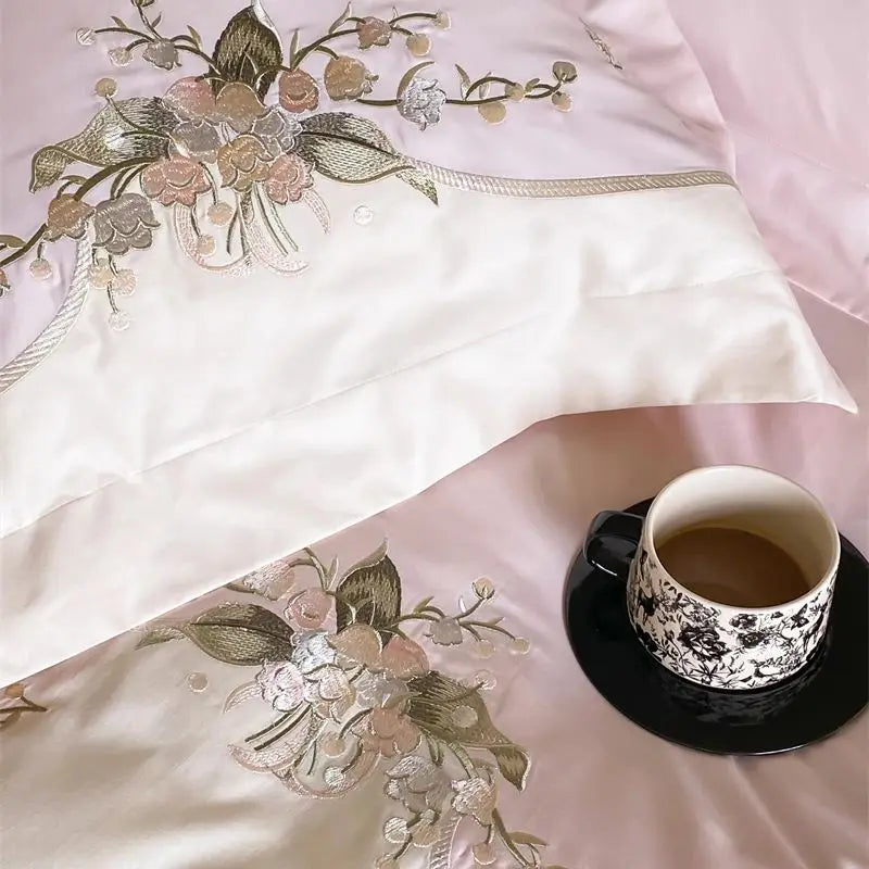 Afralia™ Lily of the Valley Chic Flowers Embroidery Bedding Set 1000TC Egyptian Cotton