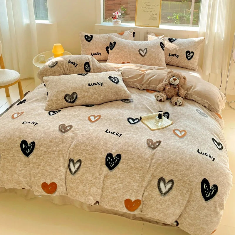 Afralia™ Snowflake Velvet Cute Cartoon Flower Bedding Set for Single Queen