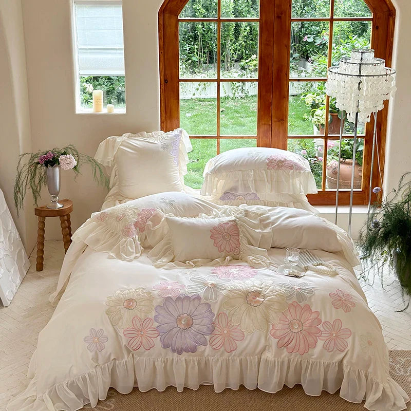 Afralia™ Romantic Flowers Lace Ruffles Princess Bedding Set, 1200TC Egyptian Cotton, Duvet Cover, Bed Sheet, Pillowcases