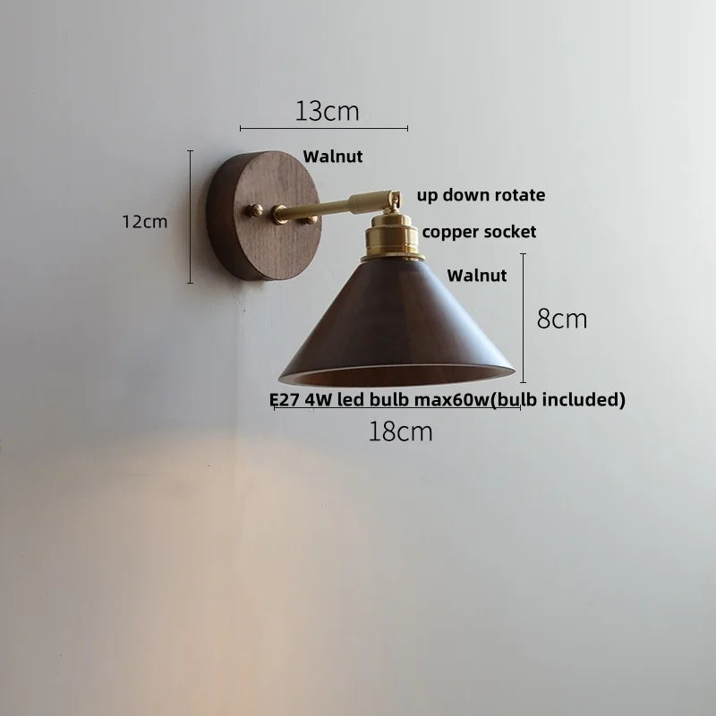 Afralia™ Walnut Wood LED Wall Sconce with Pull Chain Switch - Modern Nordic Copper Socket