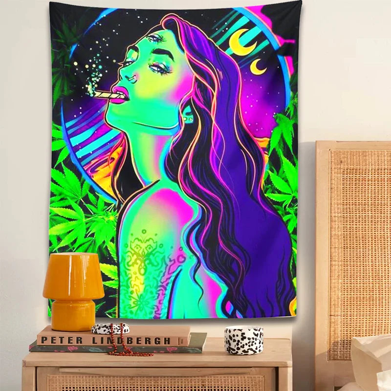 Afralia™ Moon Girl Smoke Tapestry: Psychedelic Hippie Trippy Leaves Aesthetics & Home Decor