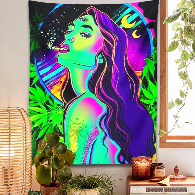 Afralia™ Moon Girl Smoke Tapestry: Psychedelic Hippie Trippy Leaves Aesthetics & Home Decor