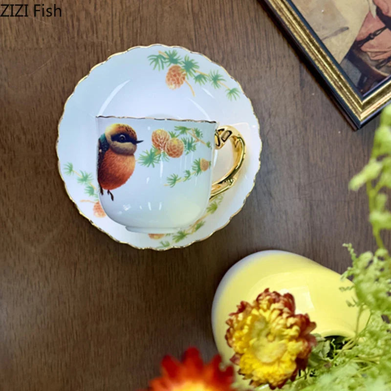 Afralia™ Bird Pattern Ceramic Gold-plated Coffee Mug & Saucer Set