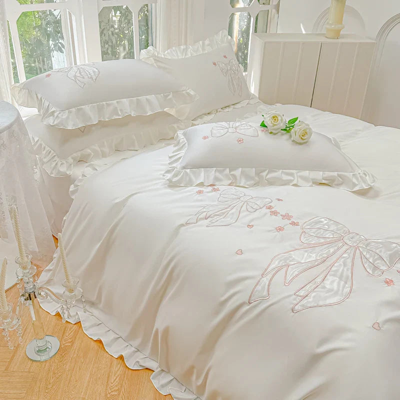 Afralia™ Ice Silk Embroidered Ruffles Duvet Set with Cool & Skin-Friendly Feel