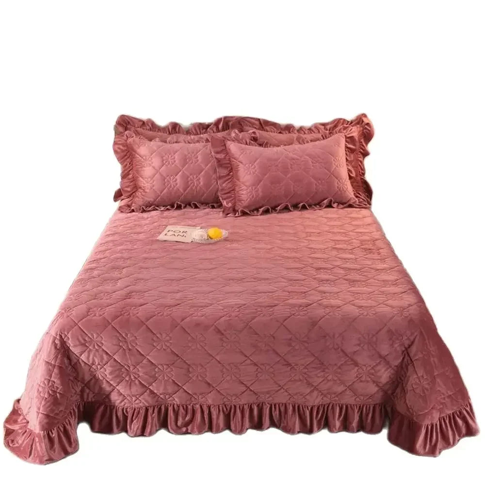 Afralia™ Nordic Pink Velvet Quilting Bedspread Set with Pillowcases