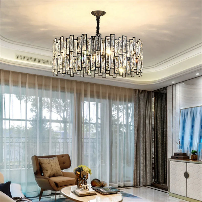 Afralia™ Black Crystal Chandelier: Elegant Round Hanging Lamp for Living Room, Dining Room & Restaurant