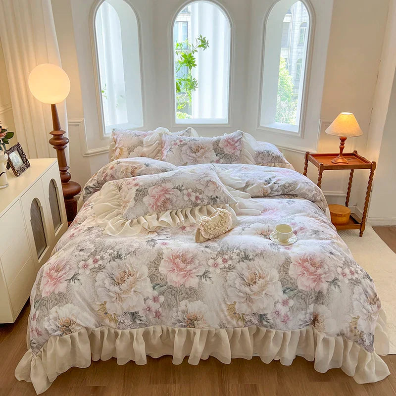 Afralia™ French Vintage Lace Princess Bedding Set with Floral Print Quilt Cover