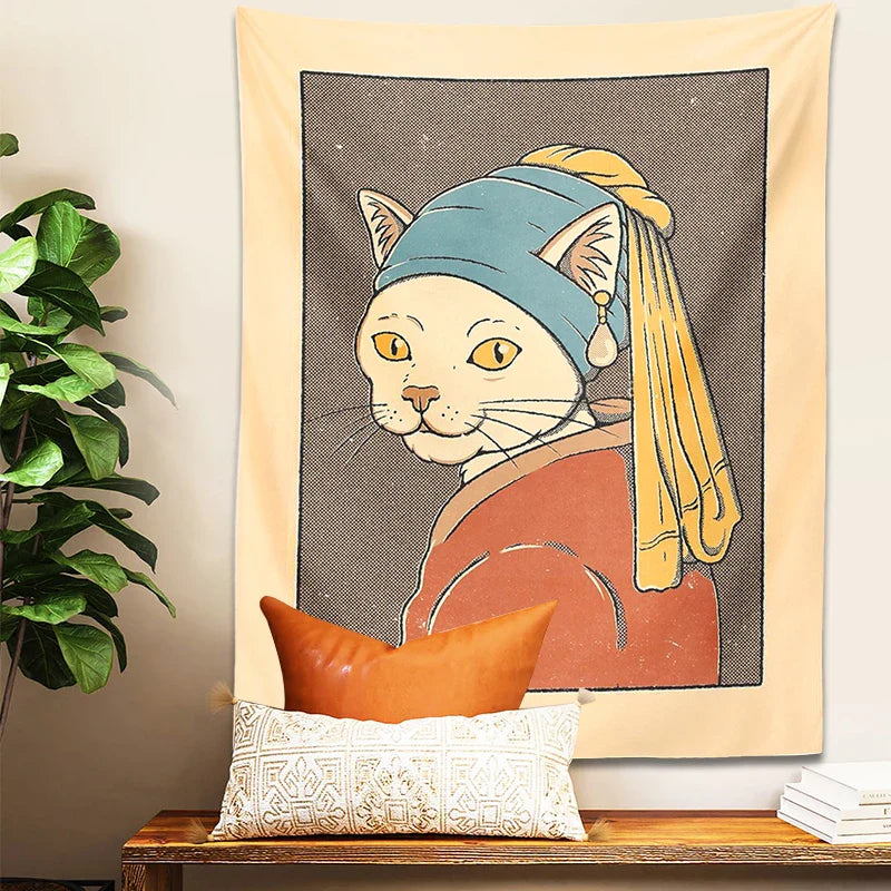 Afralia™ Cat With Pearl Earring Metal Wall Hanging Tapestry Art