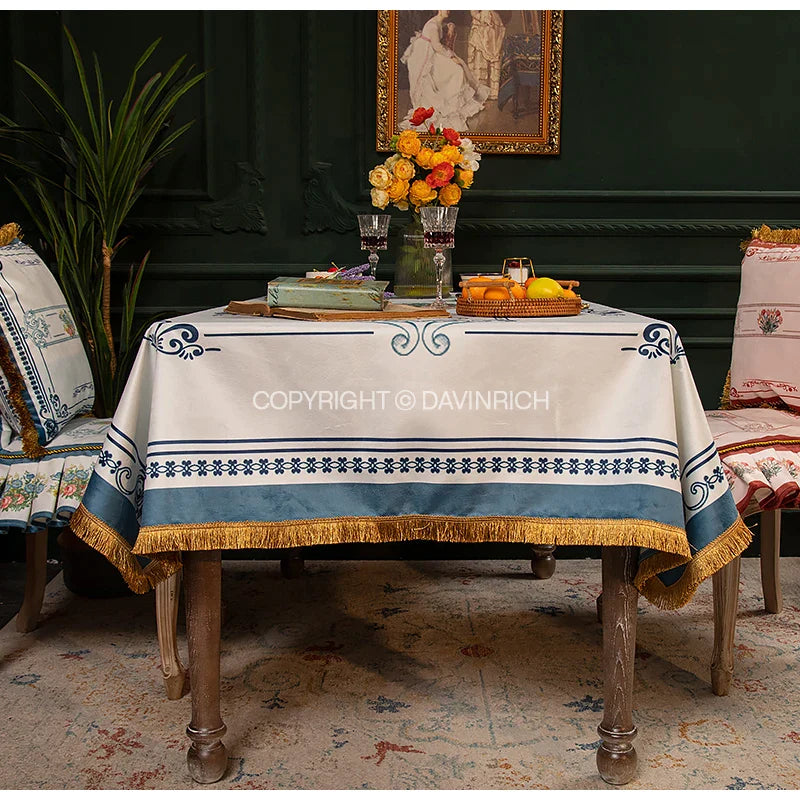 Afralia™ Mediterranean Blue & White Ceramic Print Velvet Tablecloth
