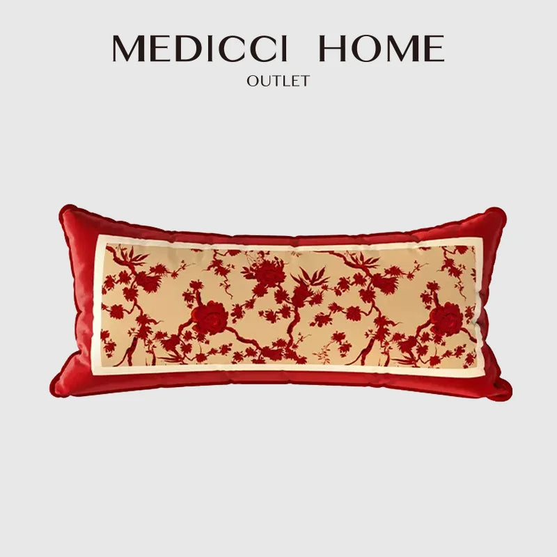 Afralia™ Luxe Velvet Retro Red Floral Print Lumbar Pillowcase 30x70cm