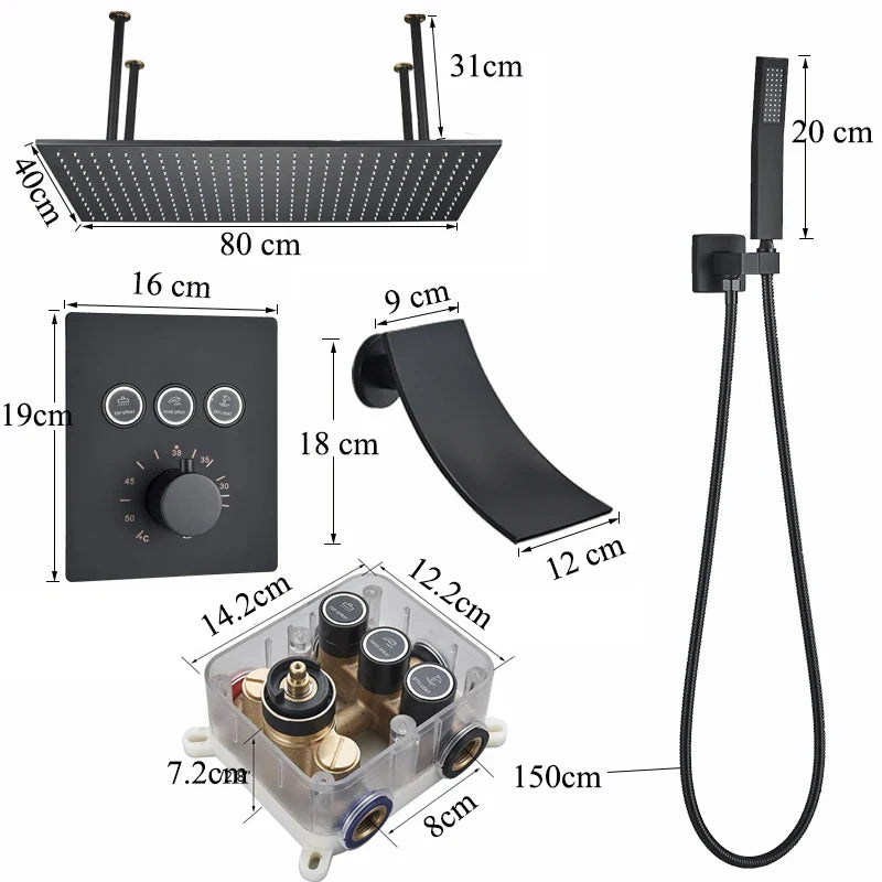 Afralia™ LED Thermostatic Rainfall Shower System with Tub Spout Mixer Tap & Brass Head