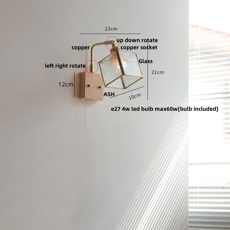 Afralia™ Walnut LED Wall Sconce, Vintage Glass Cube Stair Light Fixture