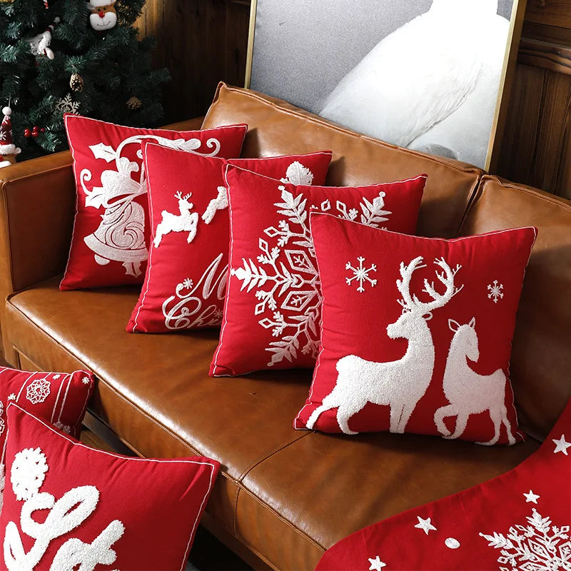 Afralia™ Christmas Embroidered Cotton Canvas Pillow Covers Snowflake Elk Decor