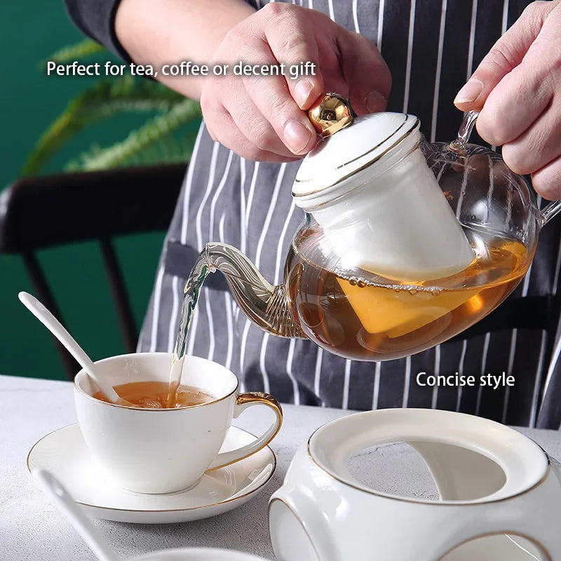 Afralia™ Gold White Ceramic Tea Set with Glass Teapot - Elegant Teaware Collection