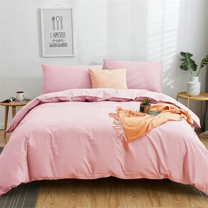 Afralia™ Cotton 4pcs Bedding Set Double Queen Solid Color Duvet Cover Flat Bed Sheet
