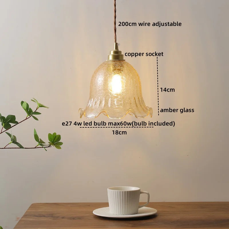 Afralia™ Pink Glass LED Pendant Lights for Bedroom Dining Living Room, Copper Nordic Hanging Lamp