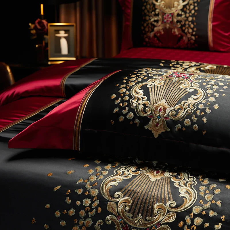 Afralia™ Luxury Gold Embroidery Bedding Set, Satin Brocade & Egyptian Cotton Duvet, Sheet, Pillowcases