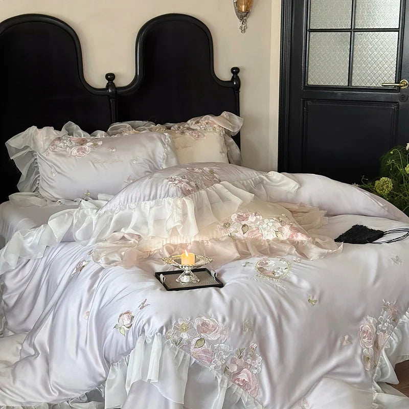 Afralia™ Vintage Lace Ruffles Embroidery Bedding Set with Duvet, Sheet, and Pillowcases