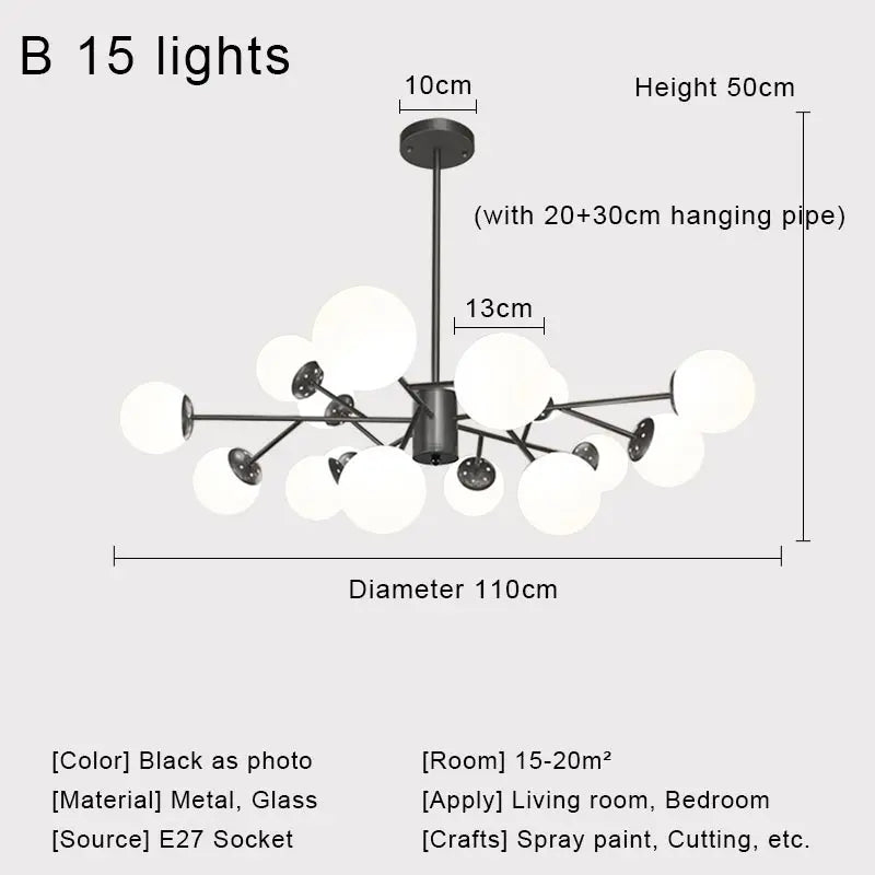 Afralia™ Nordic Black Glass Ball Ceiling Chandelier for Living Room Kitchen Bedroom Dining Home Décor