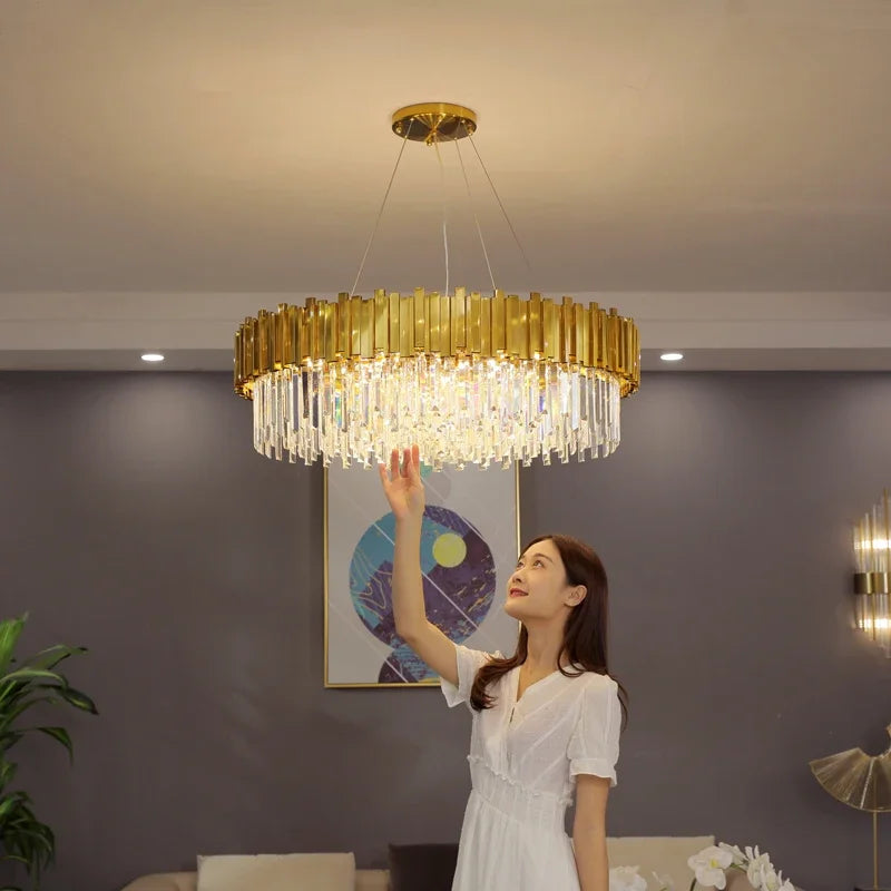 Afralia™ Golden Stainless Steel Crystal Chandelier: Modern Round LED Light for Dining Room