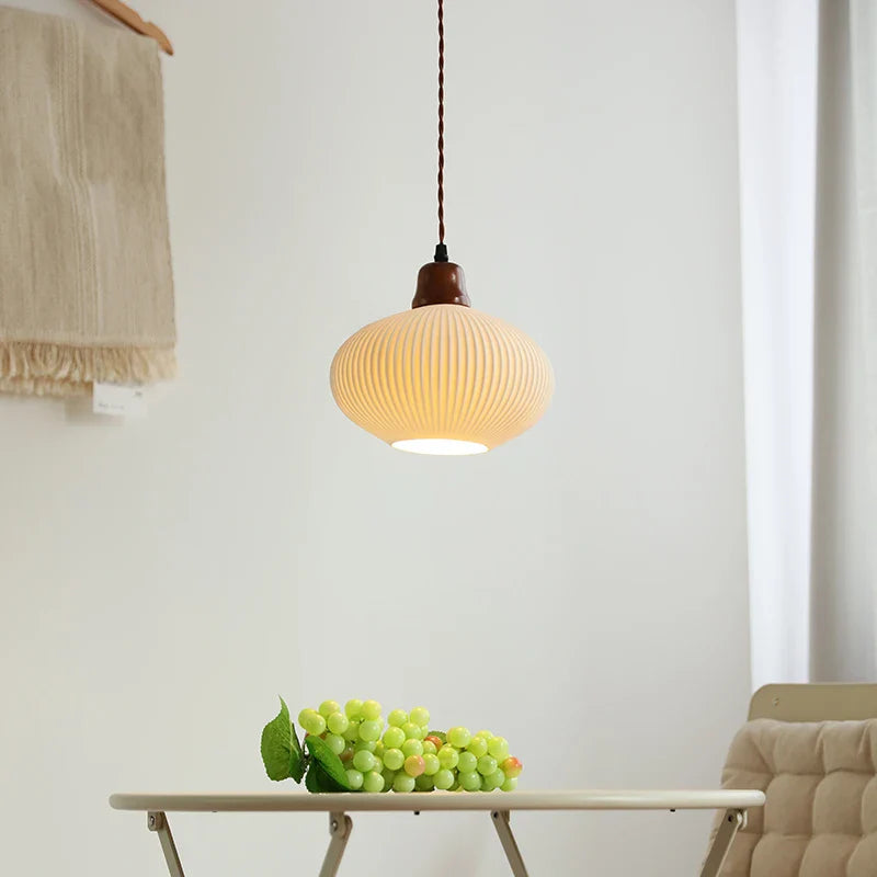 Afralia™ Nordic LED Pendant Light White Ceramic Walnut Wood Hanging Lamp